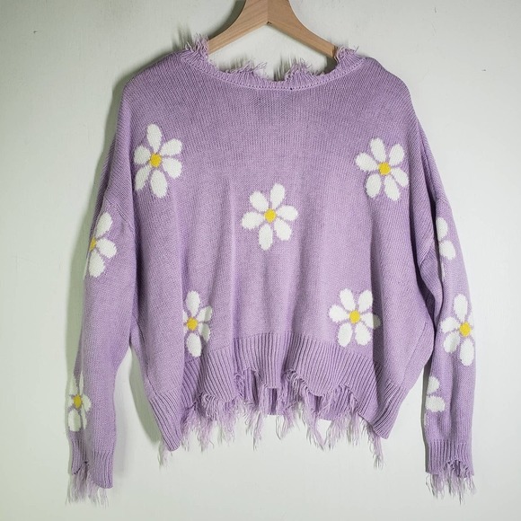Just Polly Distressed Flower Sweater‎ L Purple Lavender V-Neck Daisy - Picture 5 of 7